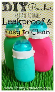 DIY Pouches that are actually leak proof and easy to clean!  You can even turn them inside out.  Make your own smoothies, snack pouches and drinks for your kids with out the mess.