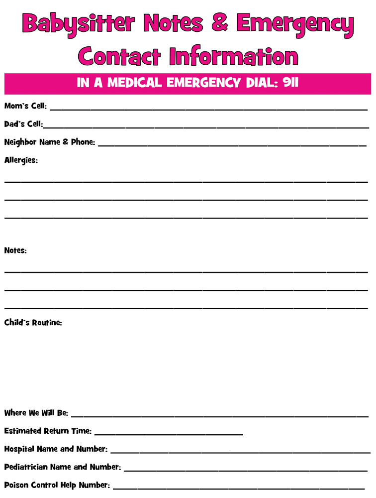 Free Printable Babysitter Notes and Emergency Contact Sheet