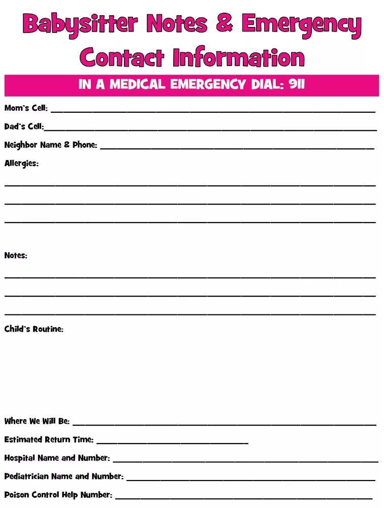 Free Printable Babysitter Notes and Emergency Contact Sheet