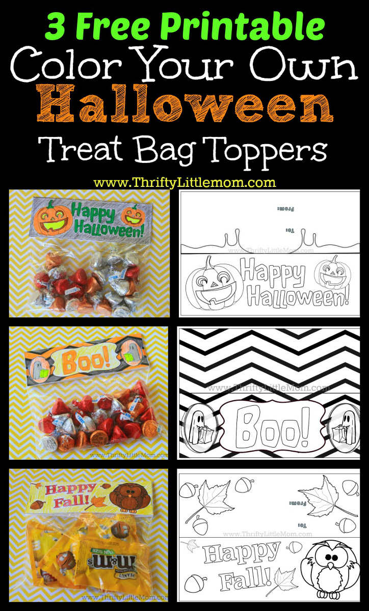 Free Printable Color Your Own Halloween Treat Bag Toppers. With this thrifty little craft projectm you simply print, color and attach them to your candy or cookie treats!