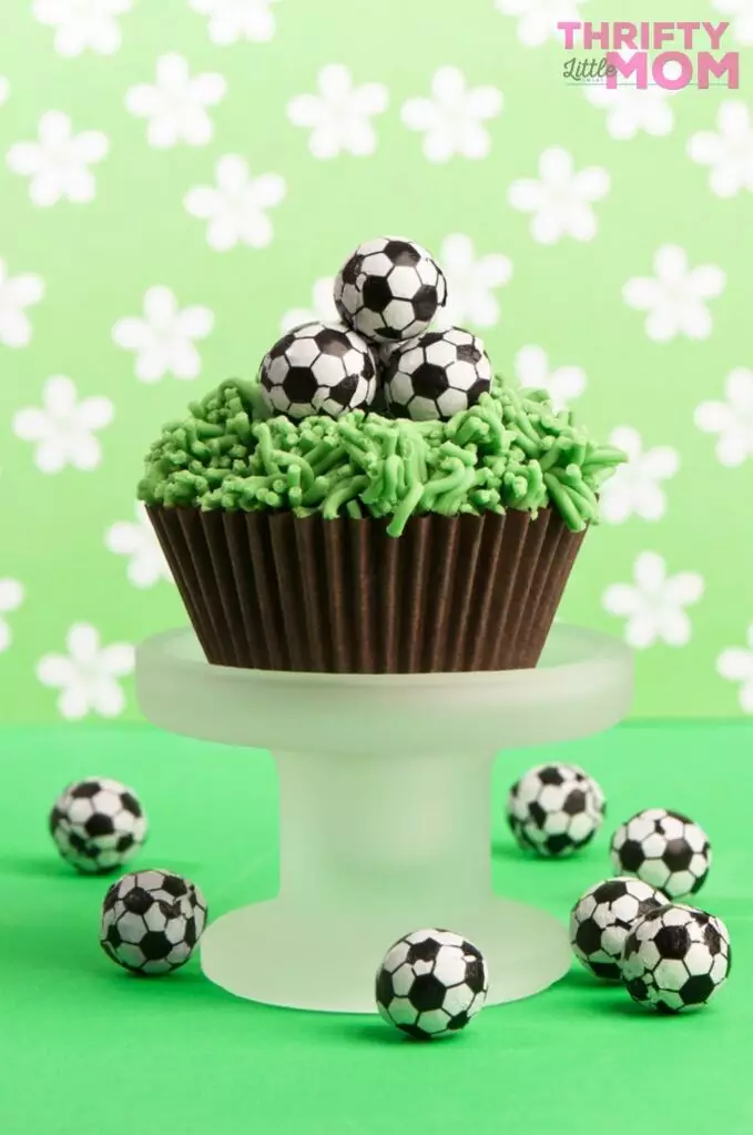 chocolate cupcake with grass and soccer ball decorations