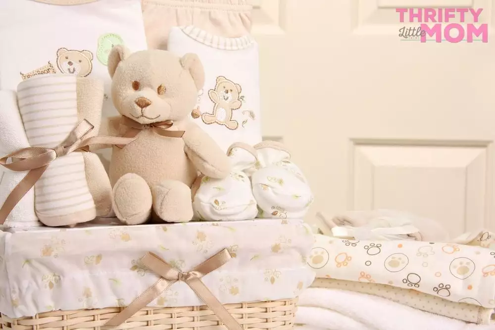 teddy bear in basket for baby shower