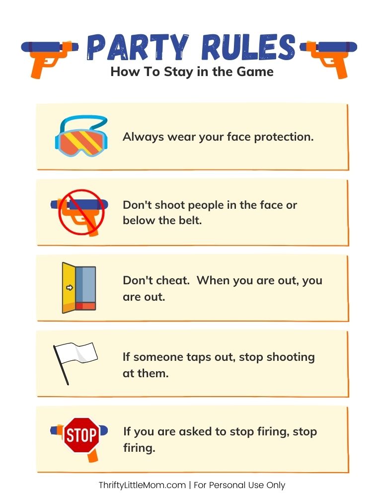 This is a preview image of the Printable Nerf Party Rules PDF. 